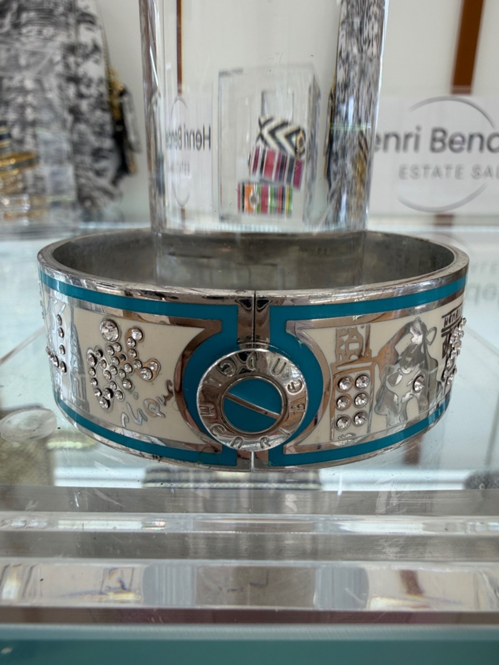 Henri Bender Silver and Turquoise Enamel Cityscape Cuff Bracelet